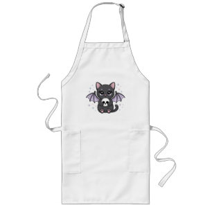 Black Cat with Purple Bat Wings Hugging a Skull Long Apron