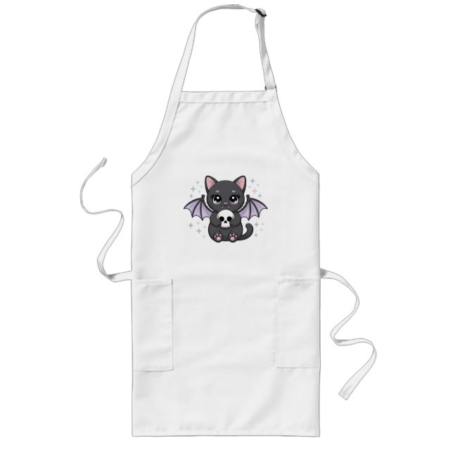 Black Cat with Purple Bat Wings Hugging a Skull Long Apron (Front)