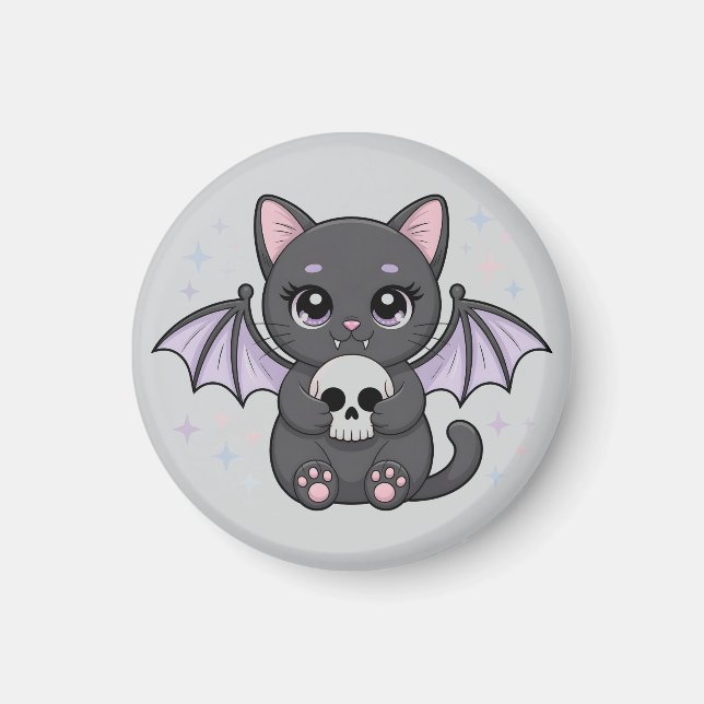 Black Cat with Purple Bat Wings Hugging a Skull Magnet (Front)