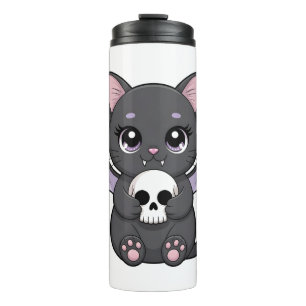 Black Cat with Purple Bat Wings Hugging a Skull Thermal Tumbler