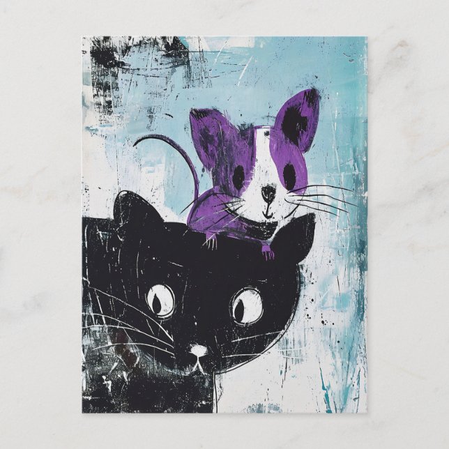 Black Cat with Purple Mouse on Head Postcard (Front)