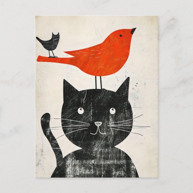 Black Cat with Red Bird and Hybrid Creature Postcard (Front)