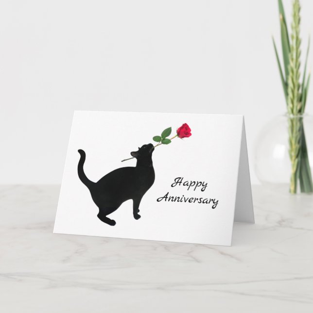 Black Cat with Red Rose Anniversary Card (Front)