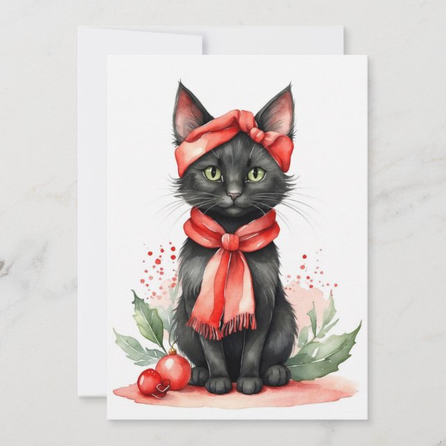 Black Cat with Red Scarf Flat Holiday Card (Front)