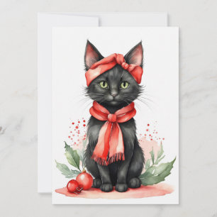 Black Cat with Red Scarf Flat Holiday Card
