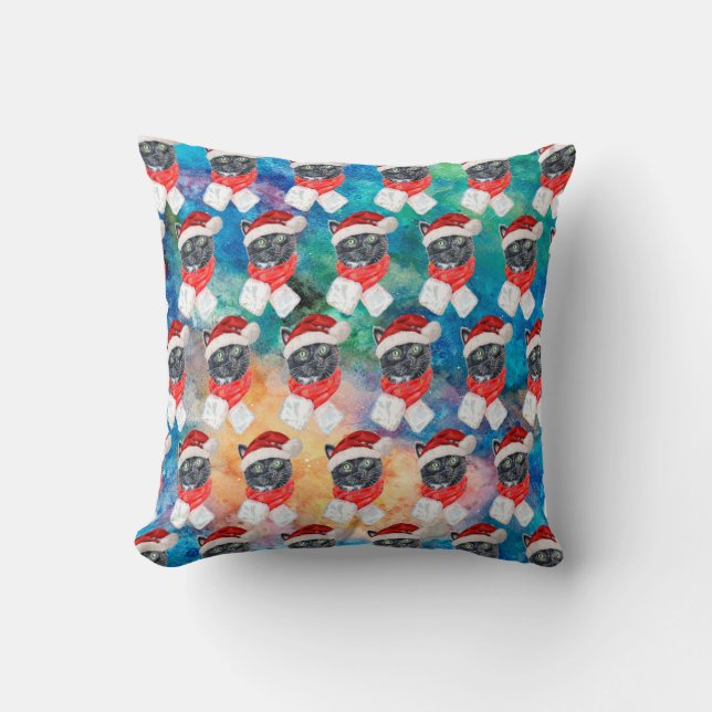 Black Cat with Red Scarf Funny Christmas Cushion (Front)