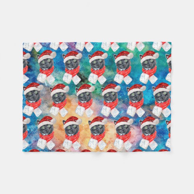 Black Cat with Red Scarf Funny Christmas Fleece Blanket (Front (Horizontal))