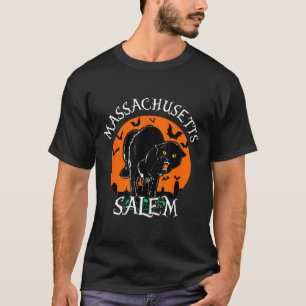 Black Cat With Salem Skyline Machusetts Halloween T-Shirt