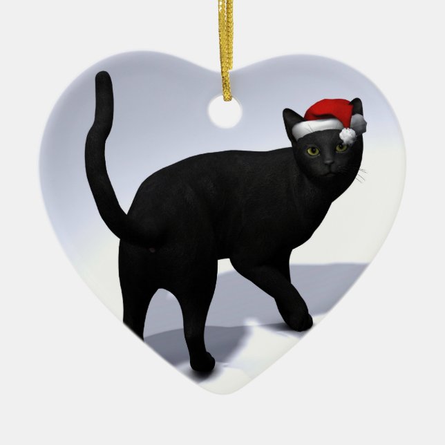 Black Cat with Santa Cap Ceramic Tree Decoration (Front)