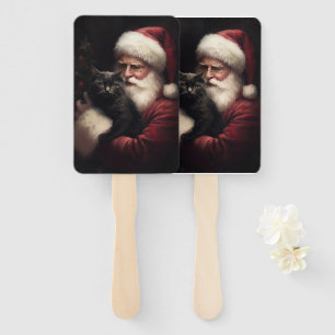 Black Cat With Santa Claus Festive Christmas  Hand Fan