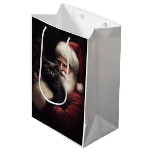 Black Cat With Santa Claus Festive Christmas  Medium Gift Bag