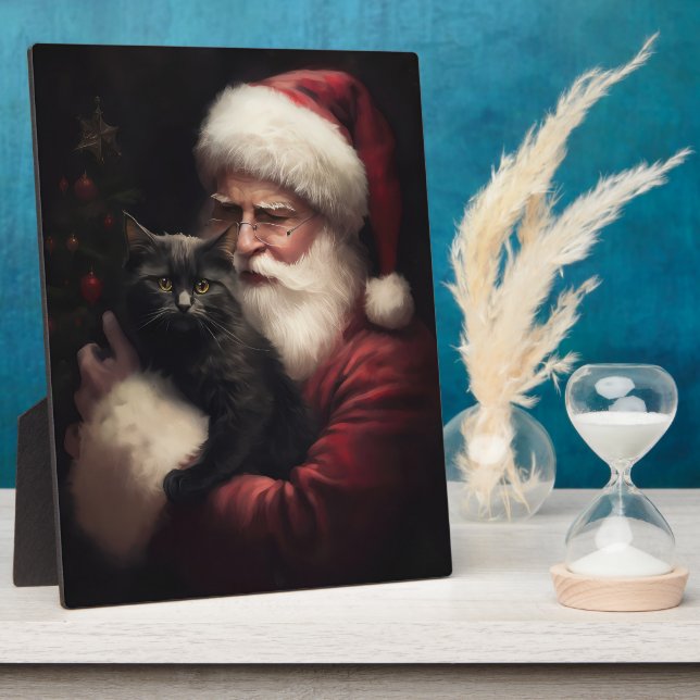 Black Cat With Santa Claus Festive Christmas  Plaque (Side)