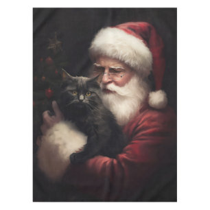 Black Cat With Santa Claus Festive Christmas  Tablecloth