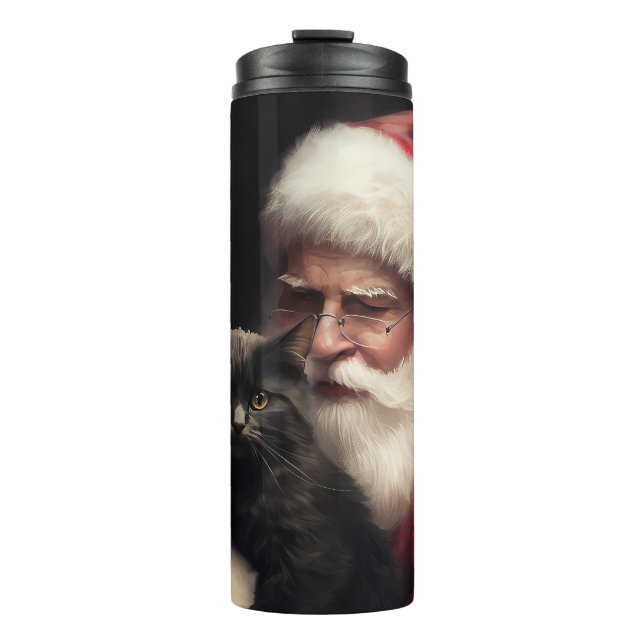 Black Cat With Santa Claus Festive Christmas  Thermal Tumbler (Front)