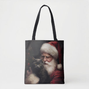 Black Cat With Santa Claus Festive Christmas  Tote Bag