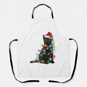 Black Cat With Santa Hat Christmas Lights Apron