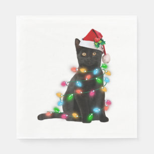 Black Cat With Santa Hat Christmas Lights Napkin