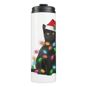 Black Cat With Santa Hat Christmas Lights Thermal Tumbler