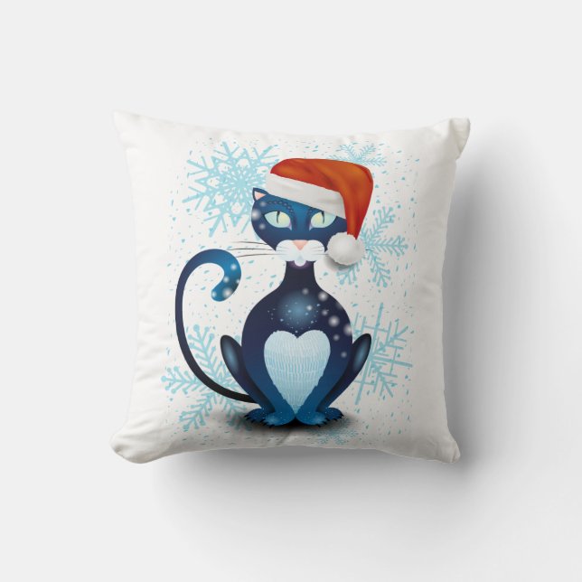 Black Cat with Santa's Hat Cushion (Front)