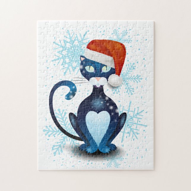 Black Cat with Santa's Hat Jigsaw Puzzle (Vertical)