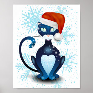 Black Cat with Santa's Hat Poster