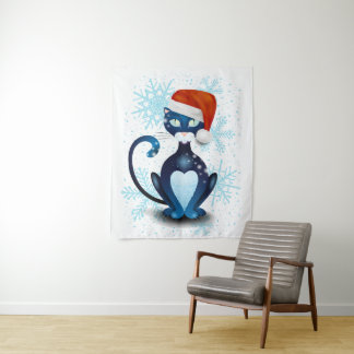 Black Cat with Santa's Hat Tapestry