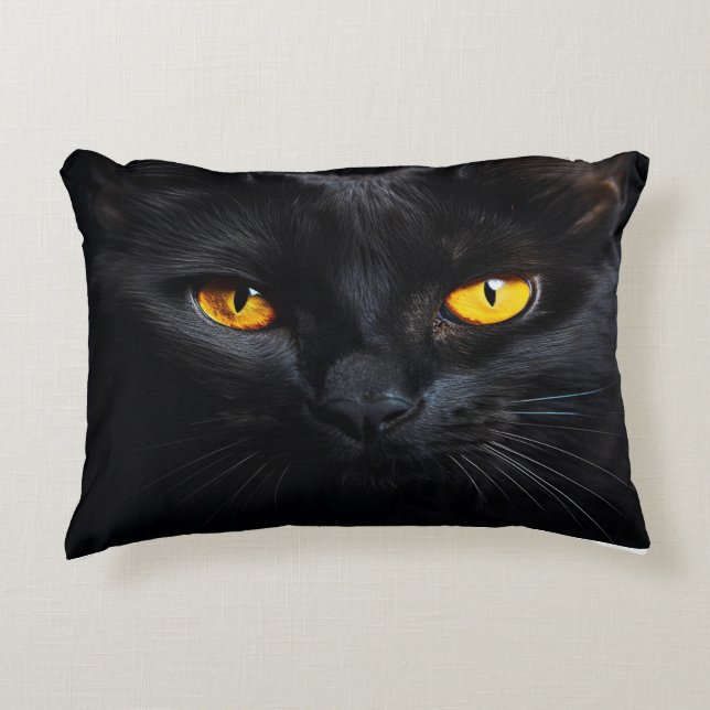 Black Cat With Shiny Yellow Eyes Decorative Cushion (Front)