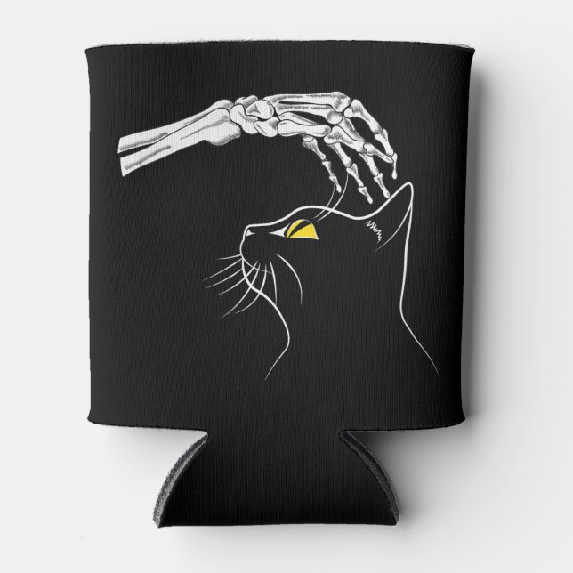 Black Cat With Skeleton Hand Halloween Spooky Can Cooler (Front)