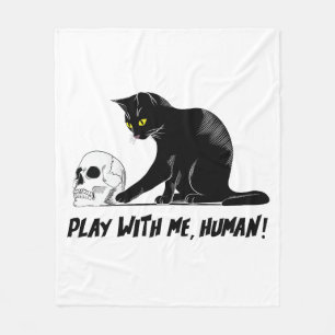 Black Cat With Skull Play With Me Human Creepy Fleece Blanket