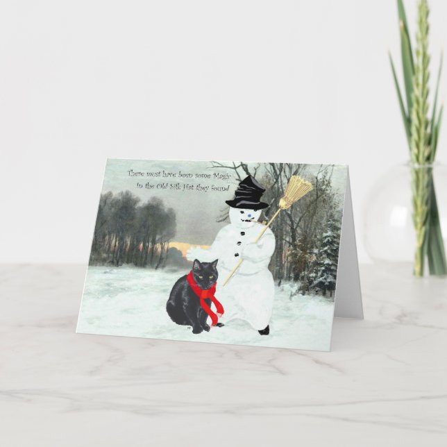 Black Cat with Snowman at Christmas Holiday Card (Front)