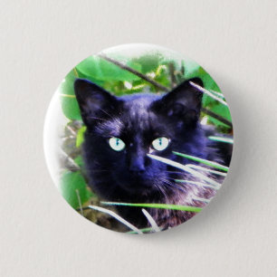 Black cat with striking green eyes 6 cm round badge