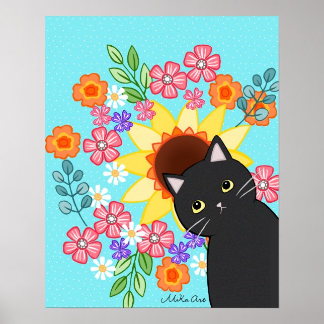 Black Cat with Sunflower Bright Colourful Cat Art  Poster (Front)