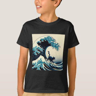 Black Cat With Surf Surfing The Great Wave Men Wom T-Shirt