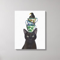Black Cat with Teacups and Blackbird