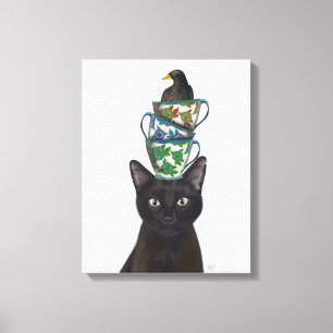 Black Cat with Teacups and Blackbird Canvas Print