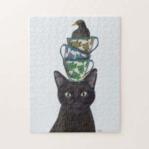 Black Cat with Teacups and Blackbird Jigsaw Puzzle