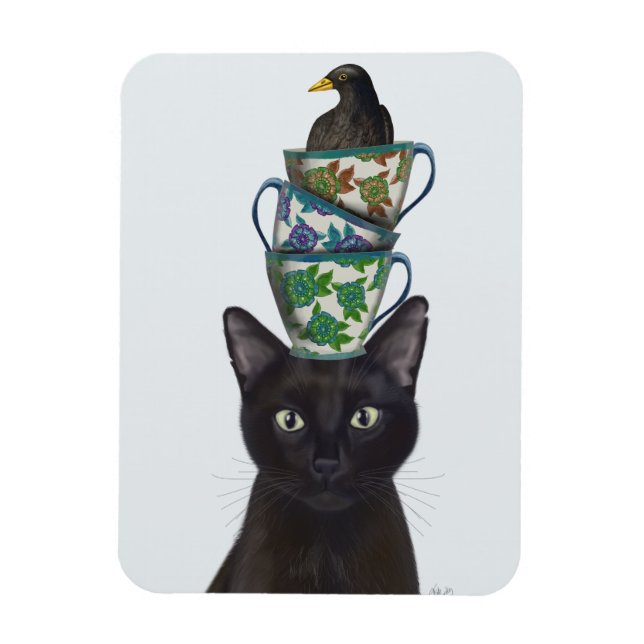 Black Cat with Teacups and Blackbird Magnet (Vertical)