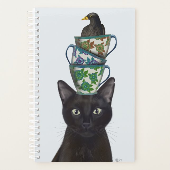 Black Cat with Teacups and Blackbird Planner (Front)