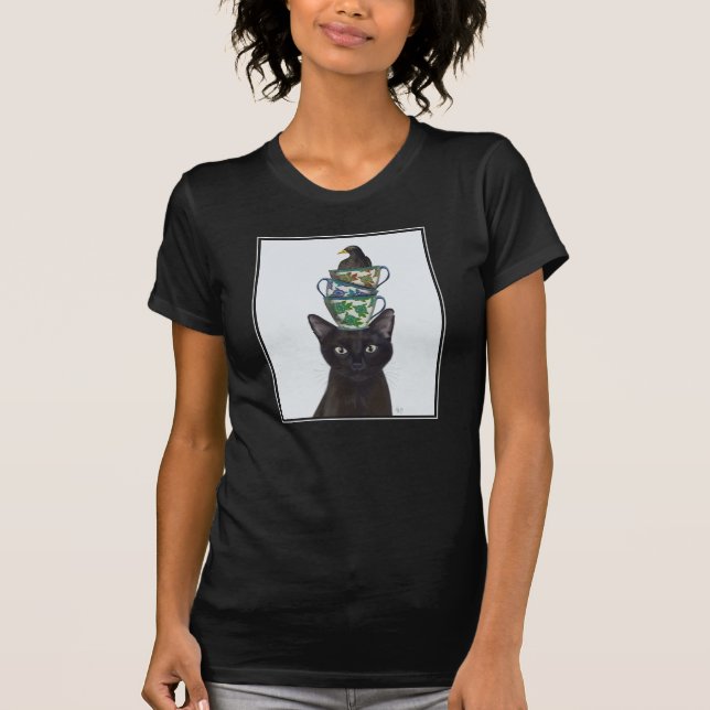 Black Cat with Teacups and Blackbird T-Shirt (Front)