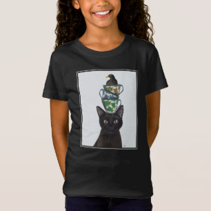 Black Cat with Teacups and Blackbird T-Shirt