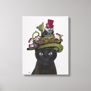 Black Cat with Teapot and Owl 2 Canvas Print