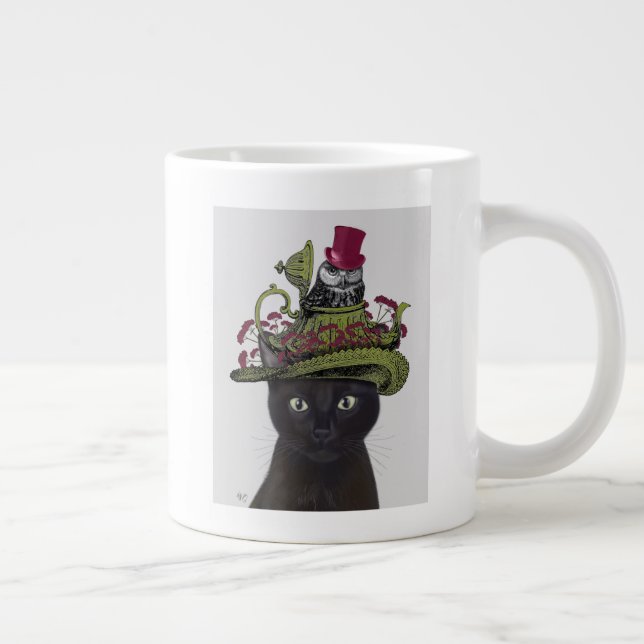 Black Cat with Teapot and Owl Large Coffee Mug (Right)