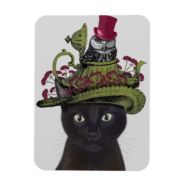 Black Cat with Teapot and Owl Magnet (Vertical)
