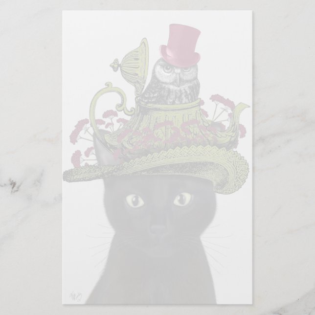 Black Cat with Teapot and Owl Stationery (Front)