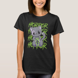 Black Cat With Teddy Bear For Horror Fans T-Shirt