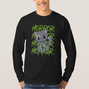 Black Cat With Teddy Bear For Horror Fans T-Shirt