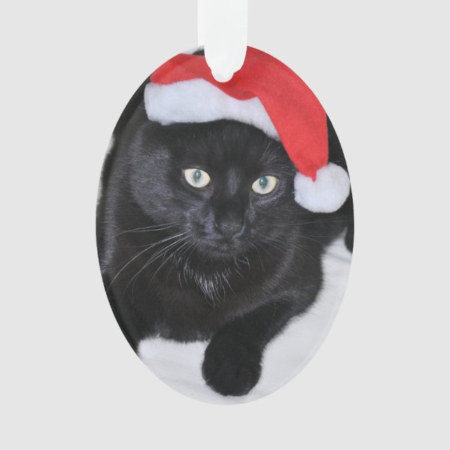 Black Cat with the Red Santa Hat Ornament (Front)