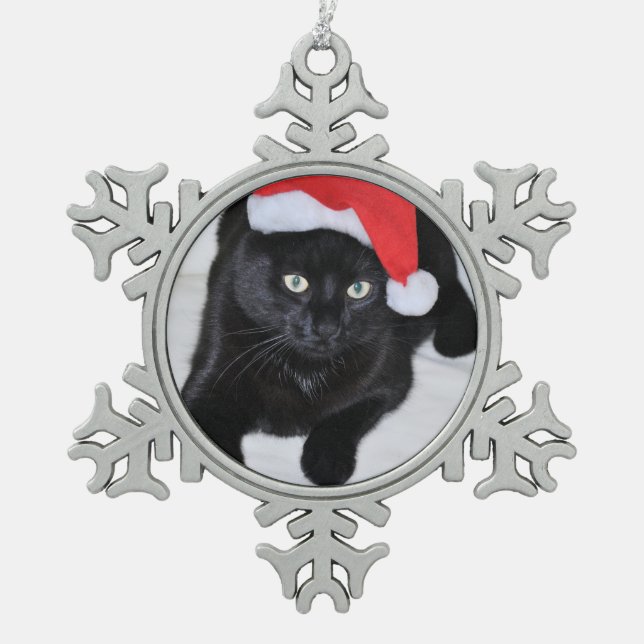 Black Cat with the Red Santa Hat Snowflake Pewter Christmas Ornament (Front)