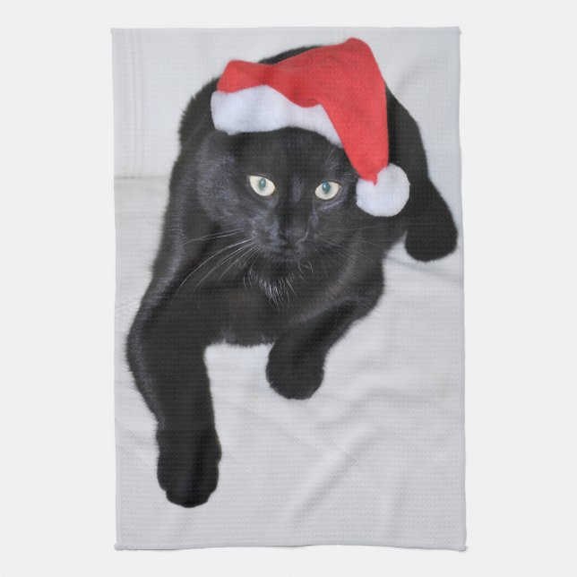 Black Cat with the Red Santa Hat Tea Towel (Vertical)