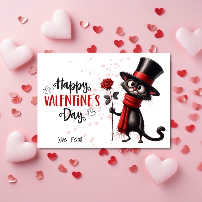 Black Cat With Top Hat Happy Valentines Day  Holiday Card (Creator Uploaded)
